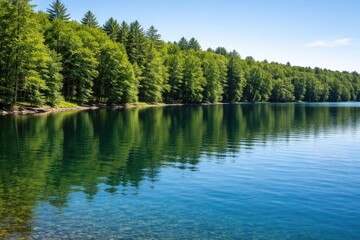 Fototapeta premium Lush Green Trees Reflecting in Calm Lake Water Under Bright Blue Sky