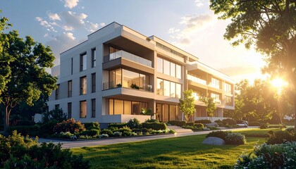 Fototapeta premium Modern Apartment Building with Lush Greenery and Sunset Glow.