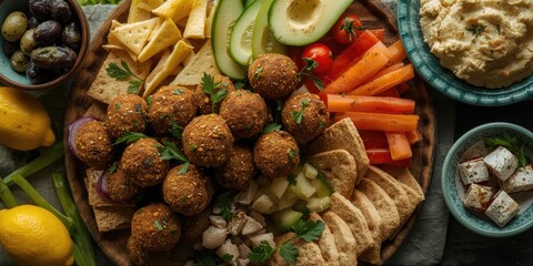 Fototapeta premium Mediterranean Platter with Falafel Pita Bread Fresh Vegetables and Hummus