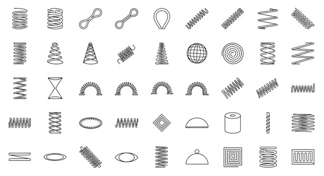 Industrial metal spring icons set, 50 mechanical coil and wire spiral vector elements, technical hardware compression and tension spring illustrations