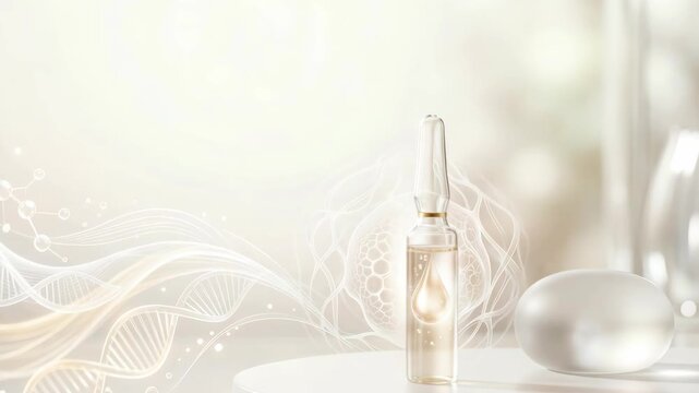 A small bottle of skincare product sits on a table. It is in a well-lit room with soft colors. The product has a clear design that shows its contents. Information is shared about its uses and effects
