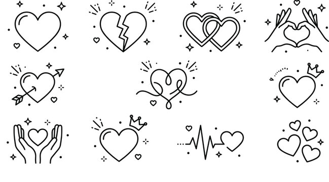 Minimalist black outline heart vector icon set featuring broken hearts interlocking symbols crown arrows and valentines day graphics