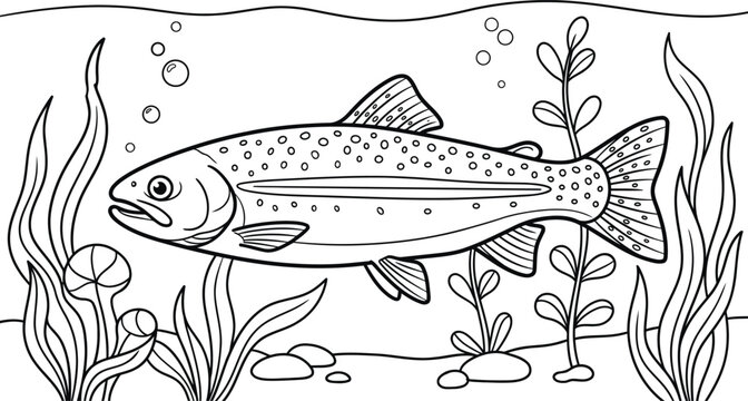 Rainbow trout fish swimming underwater with seaweed vector illustration