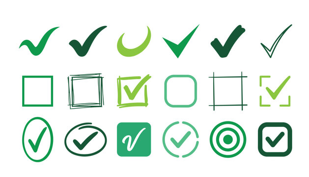 Green check mark and blank square checkbox vector set. Approval symbols, voting icons, choice shapes.