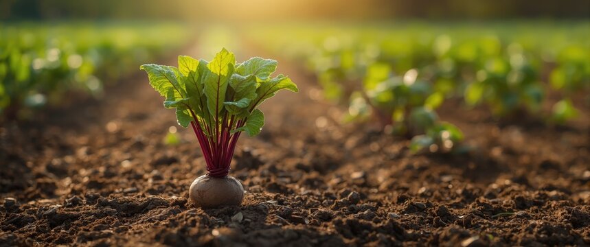 Fresh Beetroot Growing in Soil with Sunlight Background