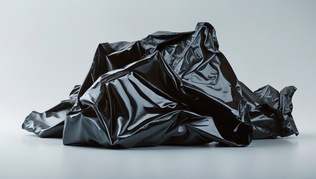 Wrinkled black plastic film isolated on white background.