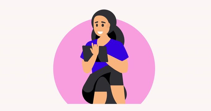 Animated flat vector of a smiling woman pointing at a digital tablet screen. Ideal for illustrating mobile apps, remote work, e-learning, and modern business.