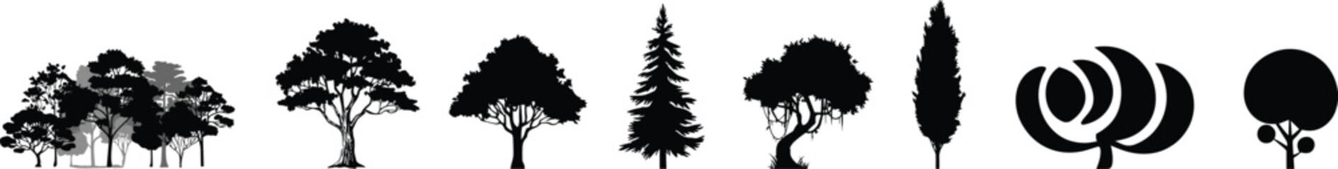 Diverse Collection of Tree Silhouettes on White Background trees forest © MdMominur