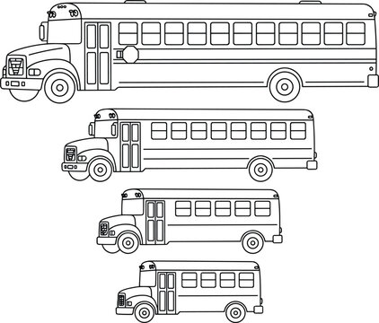 Yellow American school bus vector set in different sizes from large transit to short mini coach transport line art