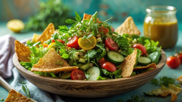 Vegetarian fattoush salad lunch featuring toasted pita bread combined with nutritious vegetables, herbs, and a lemon and sumac dressing.