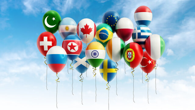 Flying balloons of various countries. 3D illustration