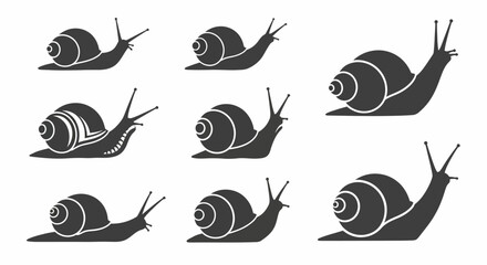 Minimalist snail silhouette icons, set of 8 black gastropod vector symbols, stylized garden snail illustrations for nature logos and slow movement concepts © Stephen
