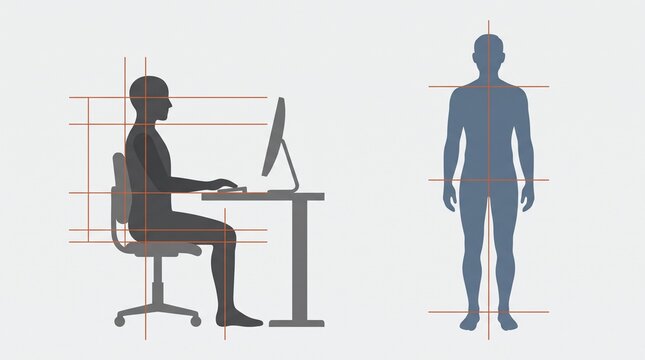 Ergonomic posture illustration, proper sitting and standing body alignment, human anatomy and health guidance, office workstation ergonomics for productivity