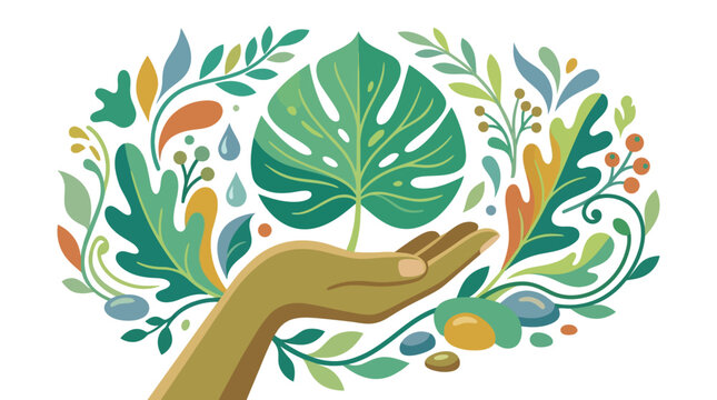 Flat vector illustration of a human hand holding a large green monstera leaf surrounded by diverse botanical elements, foliage, berries, and pebbles on white background.