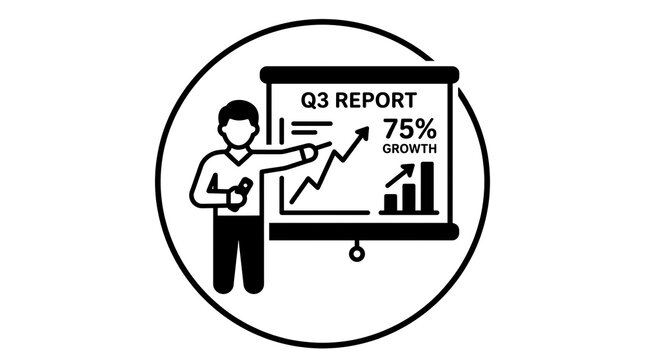 Businessman presents Q3 report on screen showing 75 percent growth chart