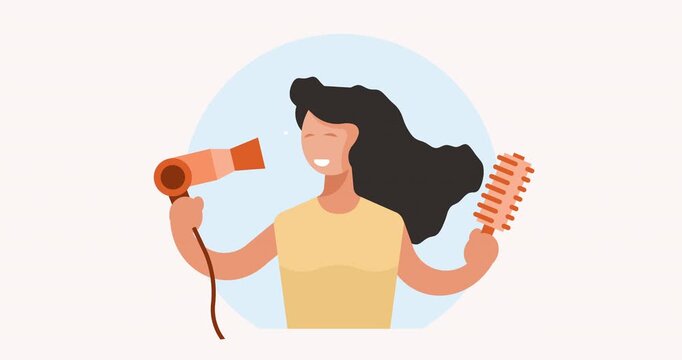 Woman smiles while blow-drying and brushing long dark hair. Bright colors and simple shapes show daily hair care routine. Perfect for beauty, salon, or grooming content. Ideal for social media