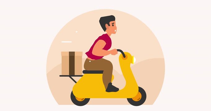 Man rides yellow scooter with delivery box. Motion lines show fast movement. Bright, cheerful video style. Ideal for delivery services or urban logistics content