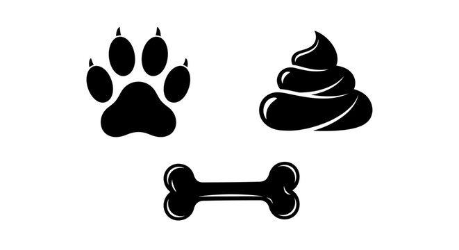Black dog icons set with paw print, pet poop emoji, and bone. Minimalist animal care vector symbols, pet shop graphic elements on white background.