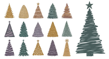 Obraz premium Hand drawn Christmas tree collection, 16 festive pine tree vector icons. Scribble style holiday evergreens, gold and green fir tree sketches for winter cards