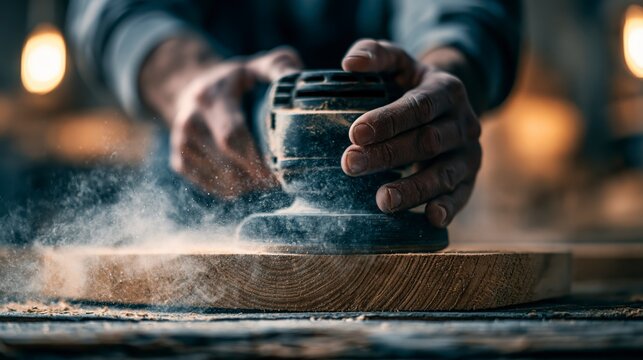 Craftsman using electric orbital sander on wooden board with dust flying in workshop area.