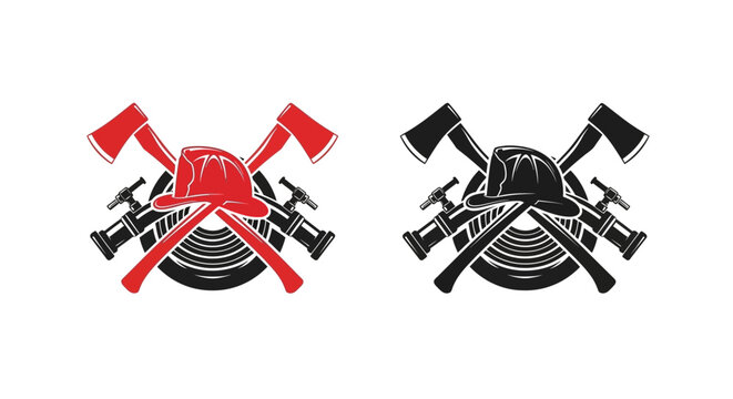 Firefighter emblem with crossed axes and helmet vector, firefighting equipment logo with fire hose and nozzle, red and black emergency service icons