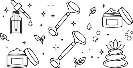 Skincare routine vector icon set with face massager jade roller dropper bottle organic cream jar and spa stones © MDSAIFUL