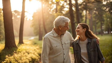 Fototapeta premium Elderly Father and Daughter Walking in Park, Heartwarming Moment of Bonding. Senior Family Connection in Nature Setting.