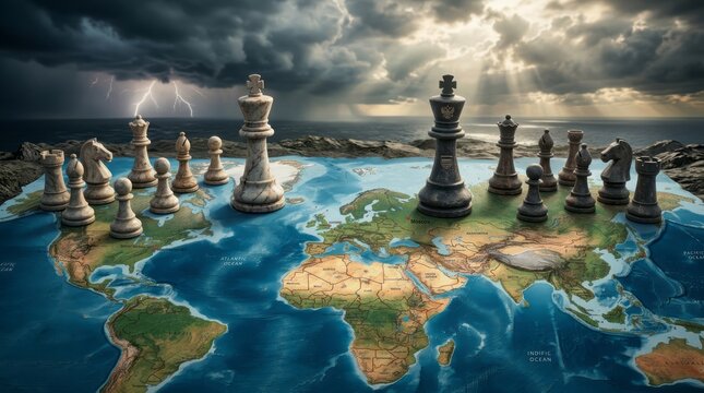 Gigantic chess pieces standing across surreal island world map under dramatic storm clouds creating strategic battle concept with fantasy scale leadership competition global business power atmosphere