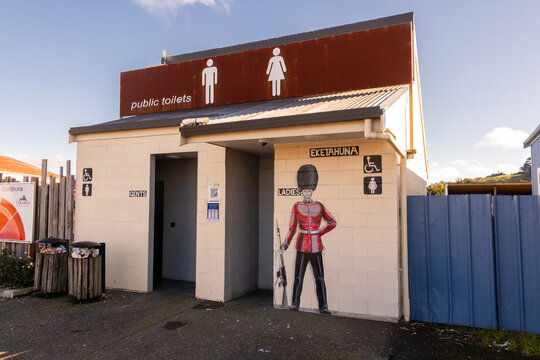 EKETAHUNA, NEW ZEALAND, 11 July 2026 &ndash; A mural of a soldier guards the public toilets in Eketahuna, New Zealand, adding a unique artistic touch to the local facilities.