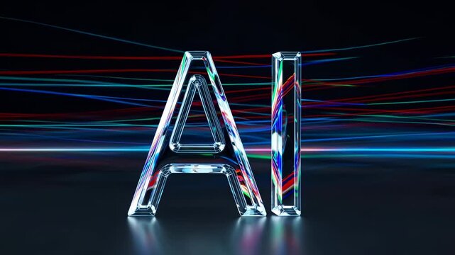 Crystal letters spelling AI illuminated by colorful light trails, showcasing a dynamic visual progression in a dark environment with a smooth reflective surface