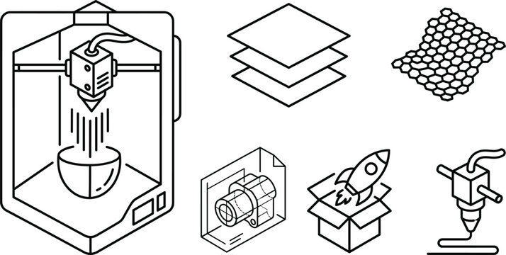 Three dimensional 3D printer vector line icon set with blueprint extruder layers honeycomb mesh and rocket box prototype