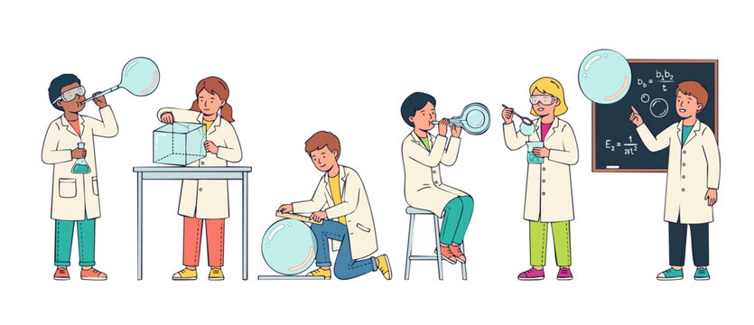 Kids science experiment education illustration of cute diverse school children in white lab coats blowing and measuring giant soap bubbles during a fun STEM physics class lesson on white background