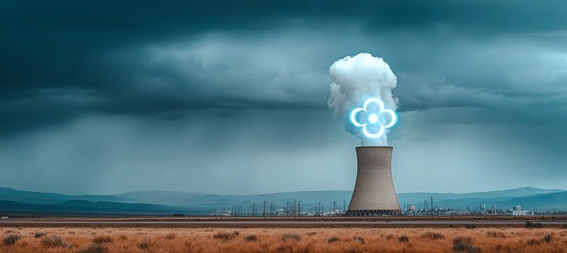 Small Modular Nuclear Power Plant Generating Clean Energy Concept with Glowing Abstract Symbol Icon.