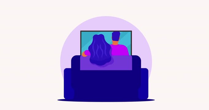 Animated flat vector of a couple sitting on a sofa watching a large screen. Represents home cinema, movie streaming, dating, and cozy leisure time