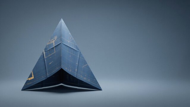 Abstract geometric pyramid structure with metallic accents on a muted background