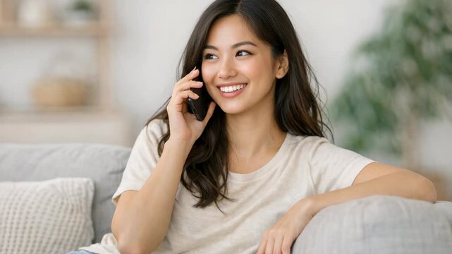 A cheerful woman holding her smartphone, engaged in conversation with someone on the other end of the call, creating an atmosphere of positive interaction and connectivity through technology.
