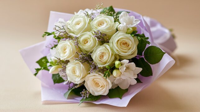 Fresh white rose flower bouquet wrapped in purple paper on plain light beige background.
