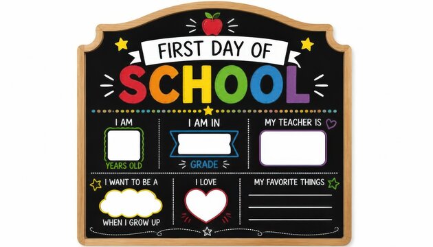 Colorful first day of school chalkboard sign featuring blank spaces for writing student personal information details