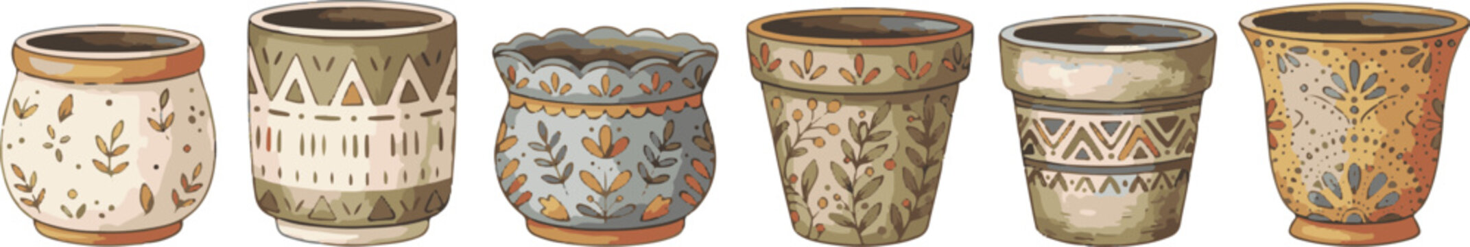 Set of six decorative vintage style ceramic flower pots and garden planters