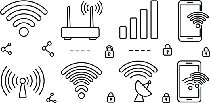 Wireless network and internet connection vector icon set featuring wifi router cellular signal smartphone antenna satellite dish padlock.