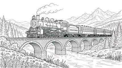 Vintage steam train, locomotive on bridge, scenic mountain landscape, black and white illustration © fanii996
