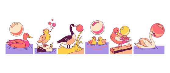 Obraz premium Duck swan goose illustration set featuring cute water birds with bubbles in pastel colors. Vector icons of cartoon ducklings, swan, and Canada goose swimming and playing in water, isolated on white.
