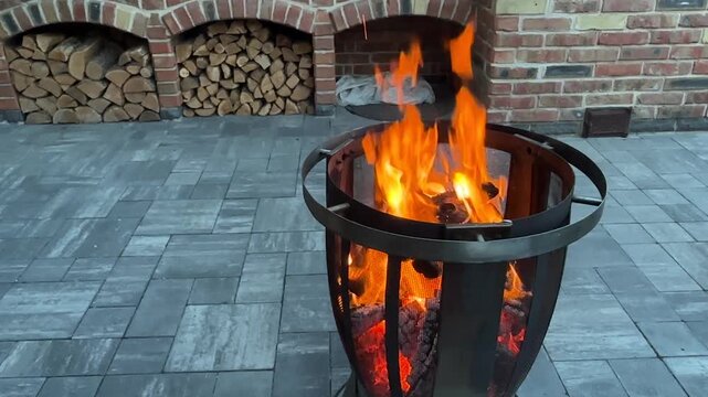 Fire burns in a metal pit on a stone patio in the evening with stacked wood in the background