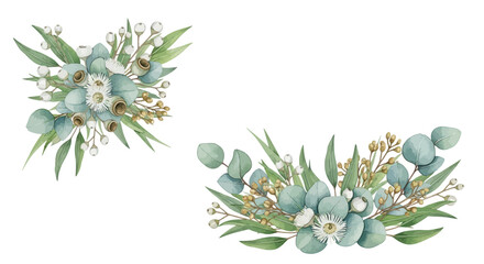 Watercolor eucalyptus bouquet set, botanical greenery floral arrangements, elegant sage green leaf vector illustrations for wedding invitations © Stephen