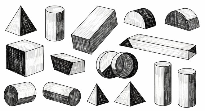 Hand drawn geometric shapes set, vintage pencil sketch 3D basic forms, black and white shaded isometric solids for math and art education
