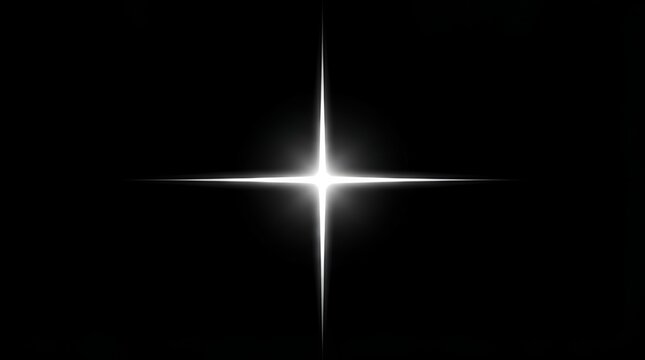 Four pointed white starburst light effect with long horizontal and vertical rays isolated on a solid black background, for overlays