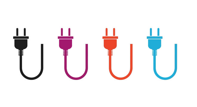 Electric plug icon set in multiple colors, power cable connector vector illustrations, colorful electrical outlet plugs for energy and technology concepts