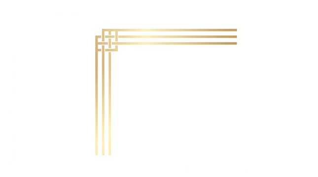 Gold metallic corner frame border with geometric square pattern, thin lines on a clean white background, for luxury stationery