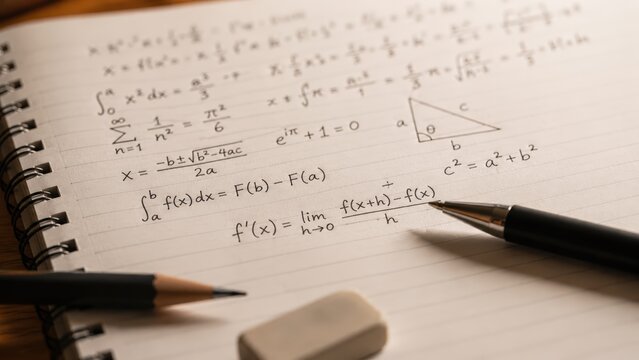 Mathematical equations and formulas written in a notebook, featuring a pencil and eraser on a wooden desk, showcasing various calculus and geometry concepts in a study environment