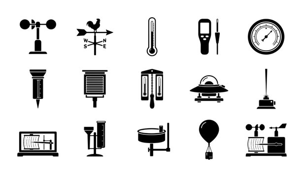 Meteorology equipment icon set, 15 black weather measurement tools vector, scientific climate monitoring instruments for forecasting and research